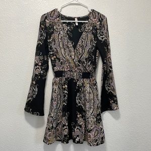 Black/purple floral paisley wrap mini dress w/ long bell sleeves